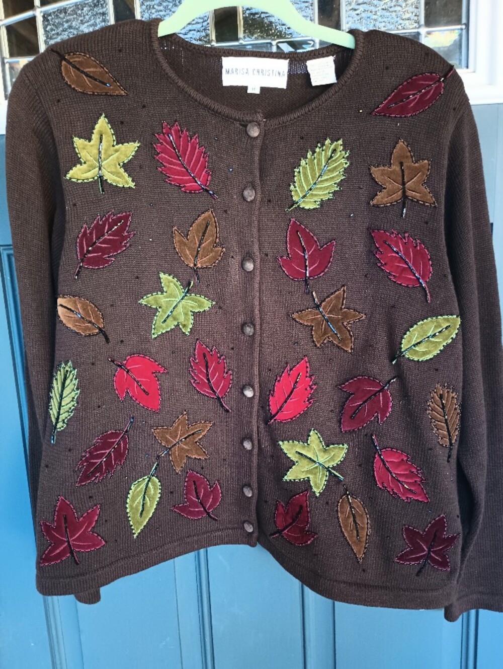 Marisa Christina Dark Chocolate Fall/Autumn Sweater With Velvet Leaves Sz M